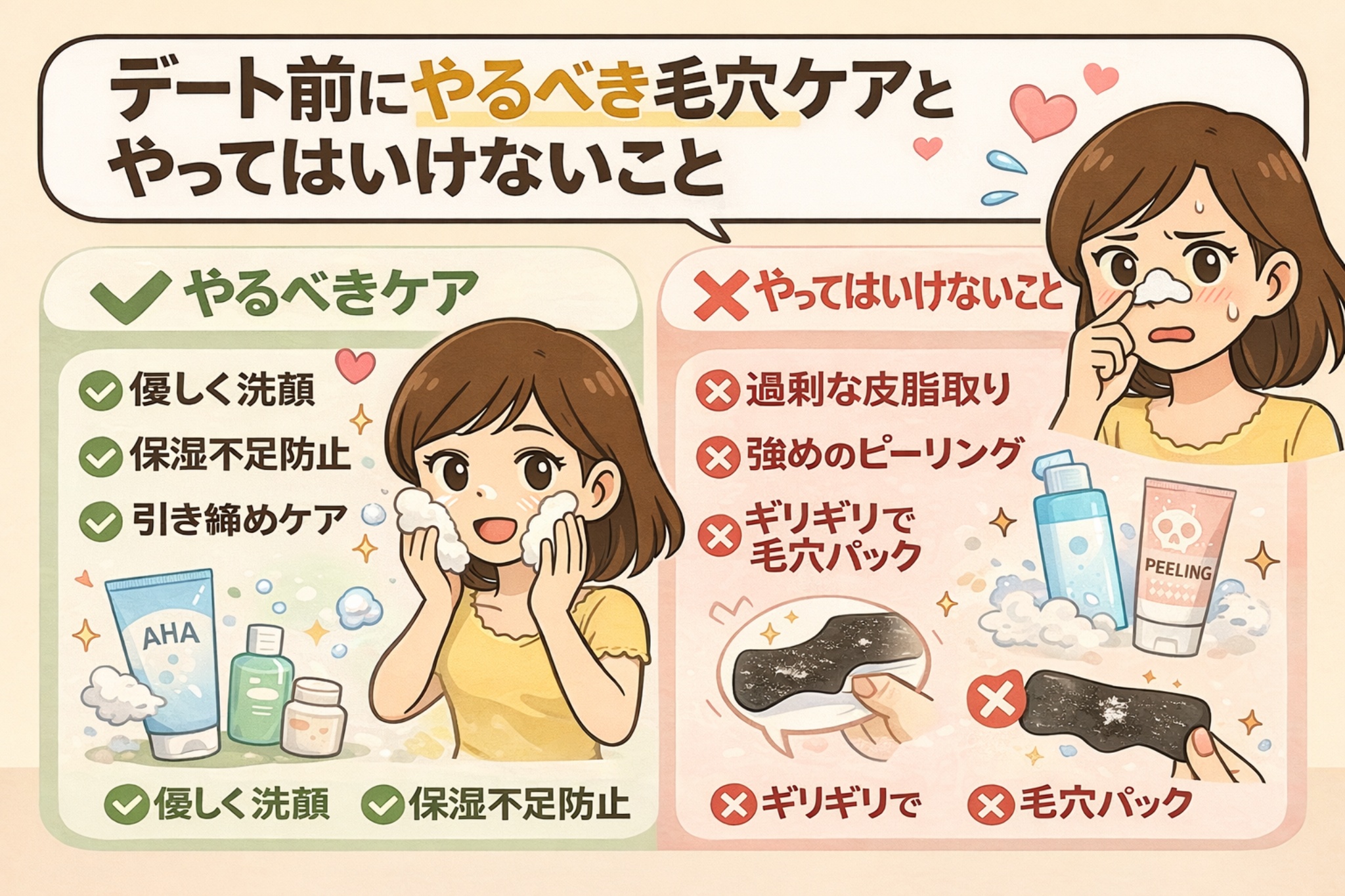 デート前にやるべき毛穴ケアと、やってはいけない行動を比較した図解イラスト。優しい洗顔・保湿・引き締めケアは推奨される一方、過剰な皮脂取りや強いピーリング、直前の毛穴パックは肌トラブルの原因になることを、チェックマークとバツ印で分かりやすく示している。