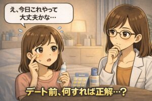 デート当日にニキビができてしまい、「今日これやって大丈夫かな…」と不安になる女性と、白衣で眼鏡の女性が向かい合って考えるイラスト。手元にはスキンケア用品が並び、「デート前、何すれば正解？」という切迫した悩みを表現したアイキャッチ構図。