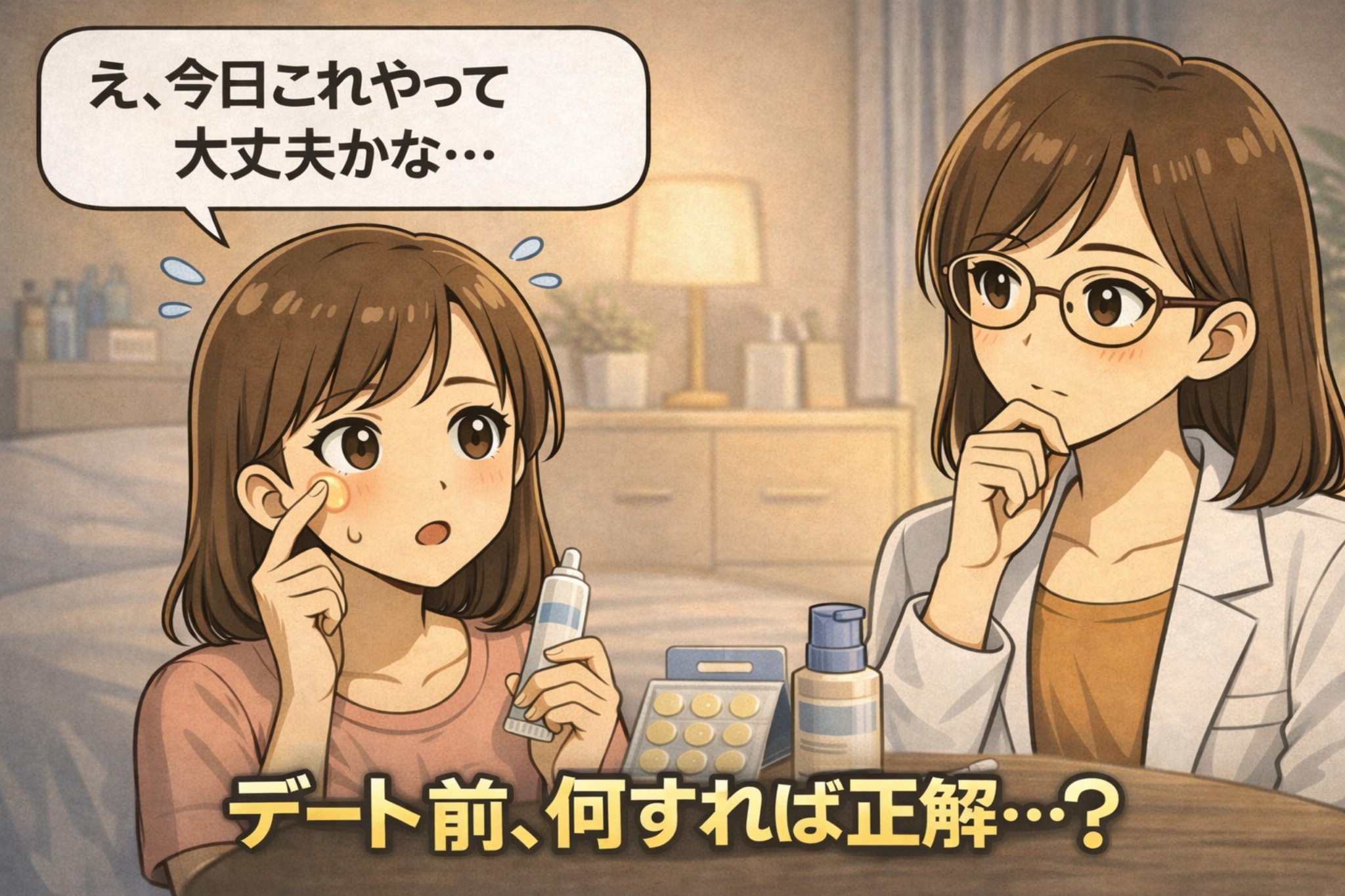 デート当日にニキビができてしまい、「今日これやって大丈夫かな…」と不安になる女性と、白衣で眼鏡の女性が向かい合って考えるイラスト。手元にはスキンケア用品が並び、「デート前、何すれば正解？」という切迫した悩みを表現したアイキャッチ構図。