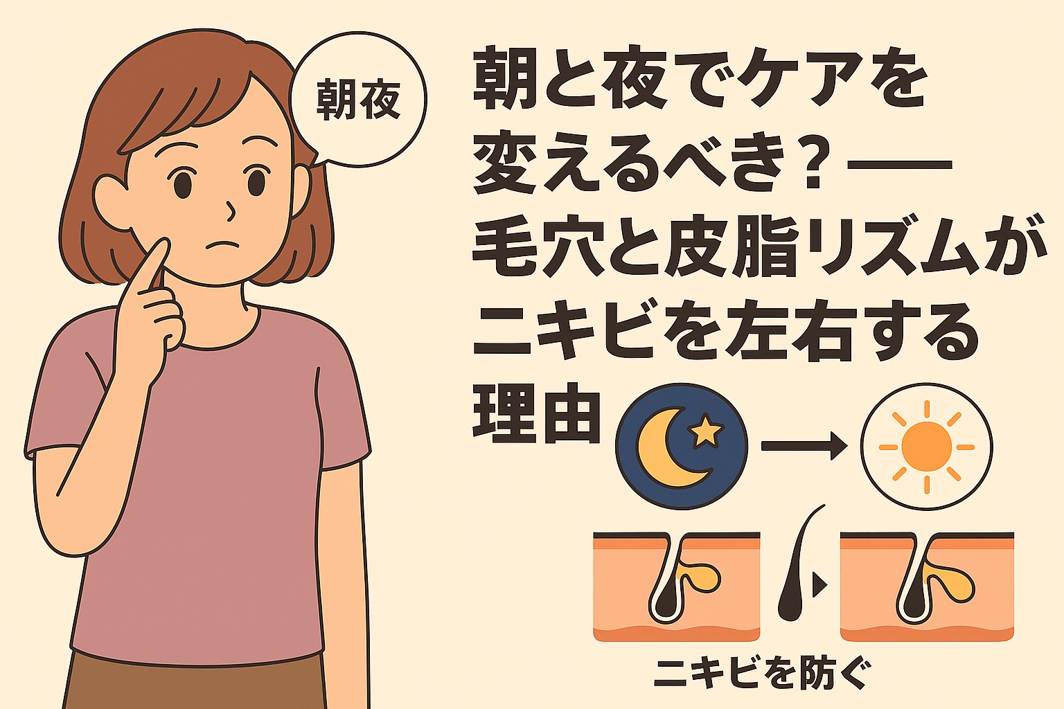 頬を触りながら「朝夜」とつぶやく女性のイラスト。右側には「朝と夜でケアを変えるべき？──毛穴と皮脂リズムがニキビを左右する理由」と書かれ、太陽と月のアイコンで朝と夜のスキンケアリズムを対比。毛穴断面図で朝は皮脂分泌が活発、夜は再生モードになっている様子を描いている。