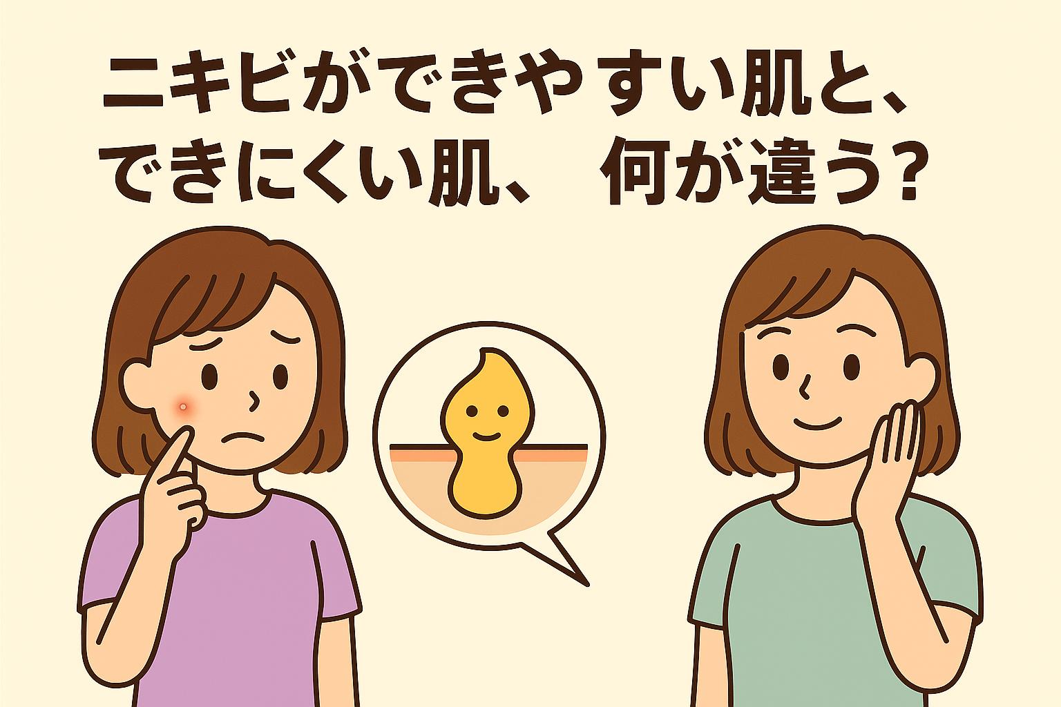 ニキビができやすい肌とできにくい肌を比較する女性のイラスト。左は頬にニキビがある女性、右はきれいな肌の女性。中央の吹き出しには健康な毛穴が描かれ、皮脂バランスの違いを示している。