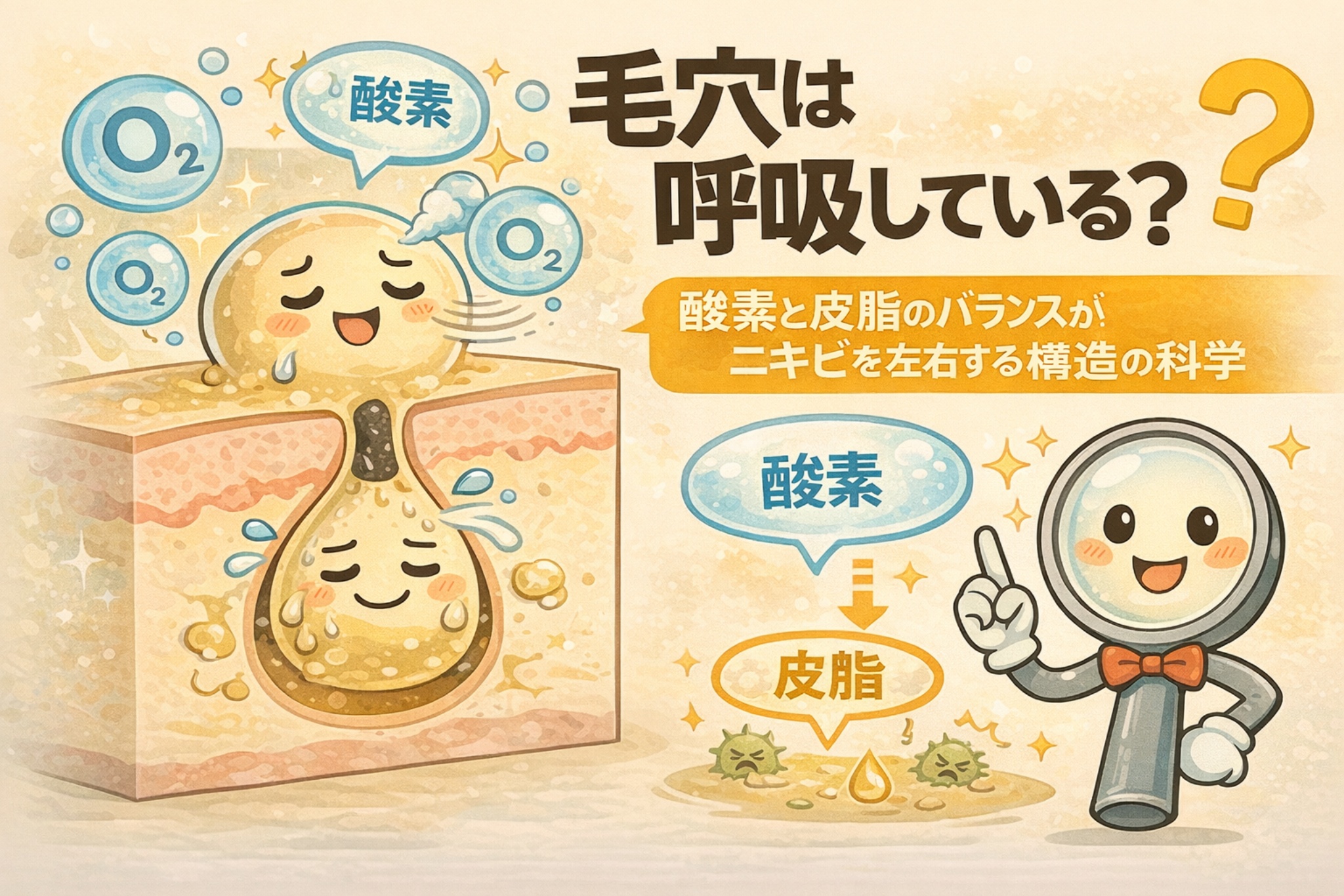 毛穴が「呼吸しているか？」という疑問を、酸素と皮脂のバランス構造として解説する図解イラスト。左側には毛穴断面が描かれ、酸素（O₂）が毛穴周辺に行き渡り、皮脂とのバランスが保たれている様子が擬人化で表現されている。右側では虫眼鏡のキャラクターが指差し解説を行い、「酸素と皮脂のバランスがニキビを左右する」というメッセージが示されている。毛穴構造と皮脂・酸素環境の関係を直感的に理解できる教育用ビジュアル。