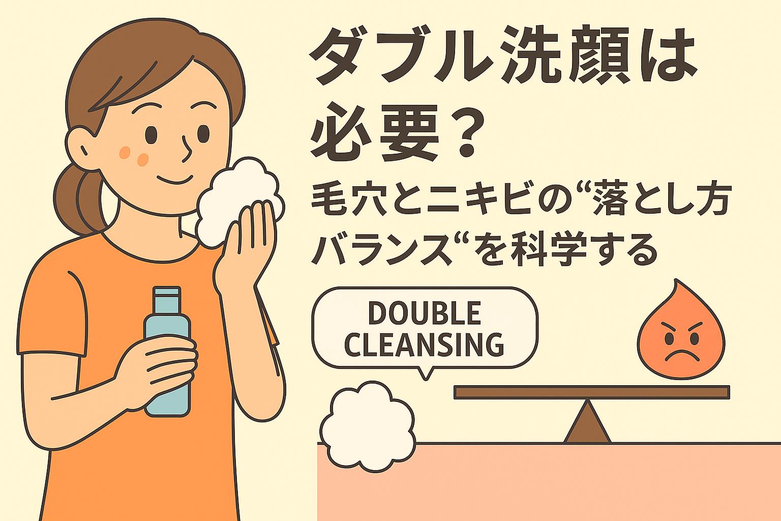 ダブル洗顔の必要性をテーマにした教育的イラスト。女性が泡洗顔をしている様子と、泡と皮脂のバランスを表す天秤で“落としすぎない”ケアの重要性を示している。