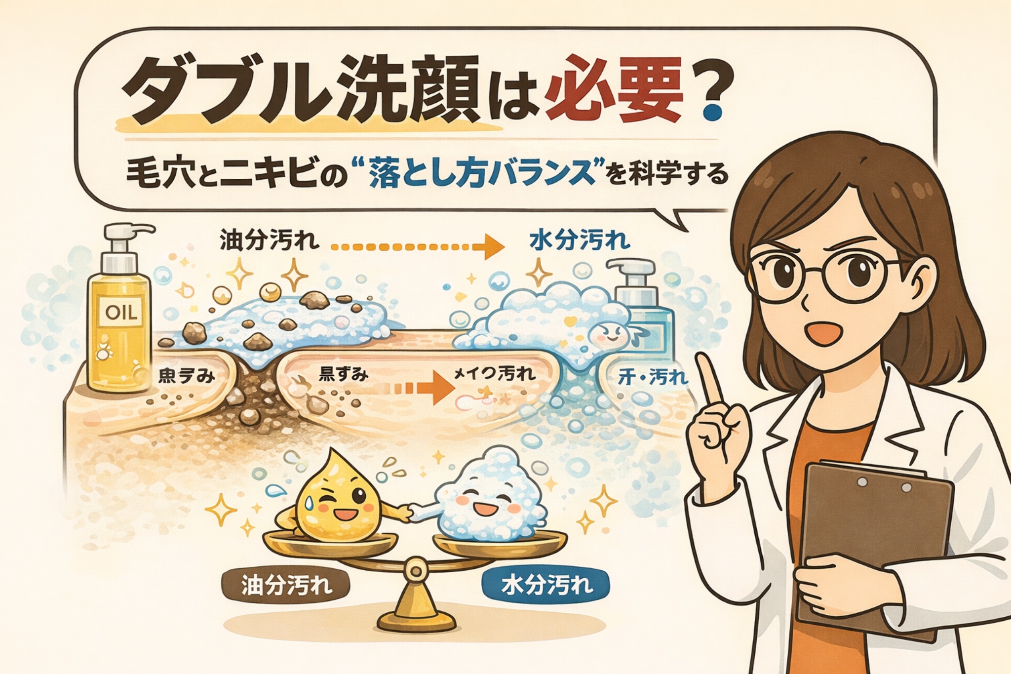 ダブル洗顔が必要かどうかを、毛穴とニキビの「落とし方バランス」の観点から解説したイラスト。油分汚れ（皮脂・黒ずみ・メイク）と水分汚れ（汗・汚れ）を分けて考え、クレンジングと洗顔の役割の違いを毛穴断面図と天秤の図解で示している。