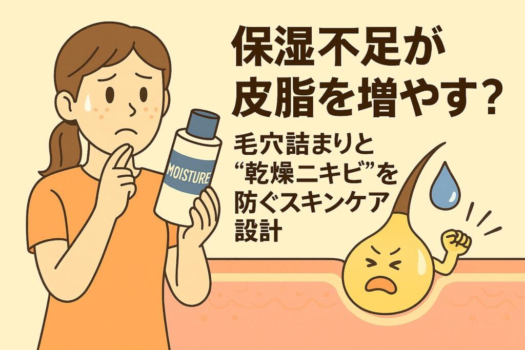 保湿不足に悩む女性がモイスチャー化粧水を手に考え込む姿。毛穴断面では乾燥した水分キャラと怒る皮脂キャラが描かれ、乾燥による皮脂過剰と“乾燥ニキビ”の関係を示す日本の2Dアニメ風イラスト。