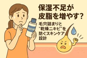 保湿不足に悩む女性がモイスチャー化粧水を手に考え込む姿。毛穴断面では乾燥した水分キャラと怒る皮脂キャラが描かれ、乾燥による皮脂過剰と“乾燥ニキビ”の関係を示す日本の2Dアニメ風イラスト。
