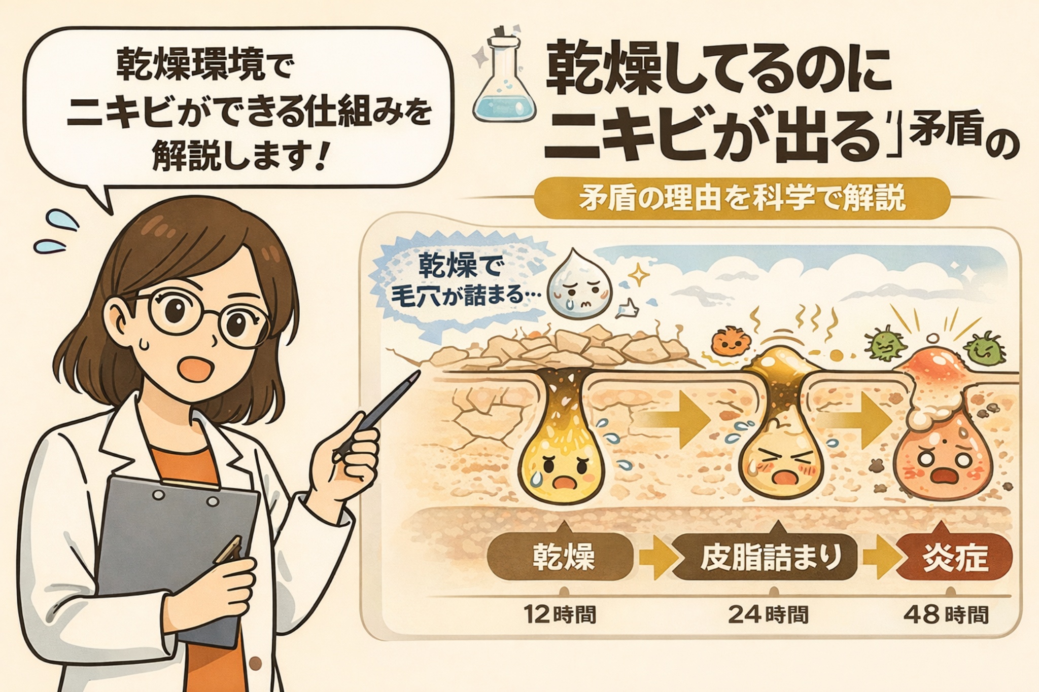 乾燥しているのにニキビができる理由を、皮膚構造と時間経過で解説した図解イラスト。乾燥によって毛穴が詰まりやすくなり、皮脂詰まりから炎症・ニキビへ進行する仕組みを12時間・24時間・48時間の流れで示している。