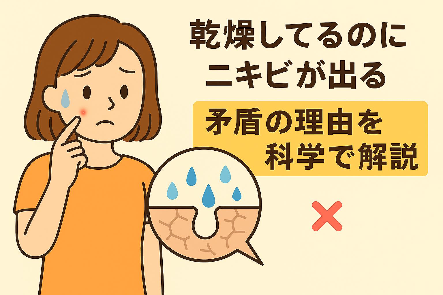 乾燥しているのにニキビが出る理由を説明するイラスト。頬にニキビがある女性が悩む様子で、吹き出しの中にひび割れた乾燥肌と水分不足を示す青い水滴が描かれている。