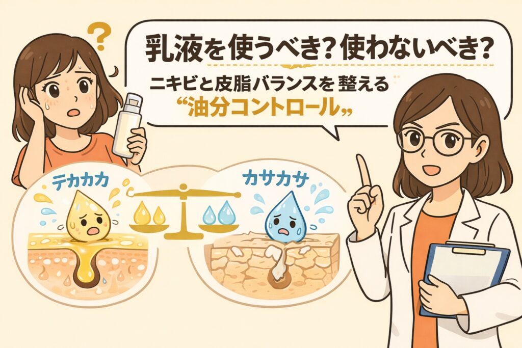 乳液を使うべきか迷うニキビ肌向けに、皮脂バランスと油分コントロールを解説するイラスト。乳液を手に悩む女性と、白衣を着た女性が指差しで説明する構図。皮脂が多い「テカテカ肌」と乾燥した「カサカサ肌」を天秤で比較し、ニキビ対策には油分と水分のバランス調整が重要であることを示している。