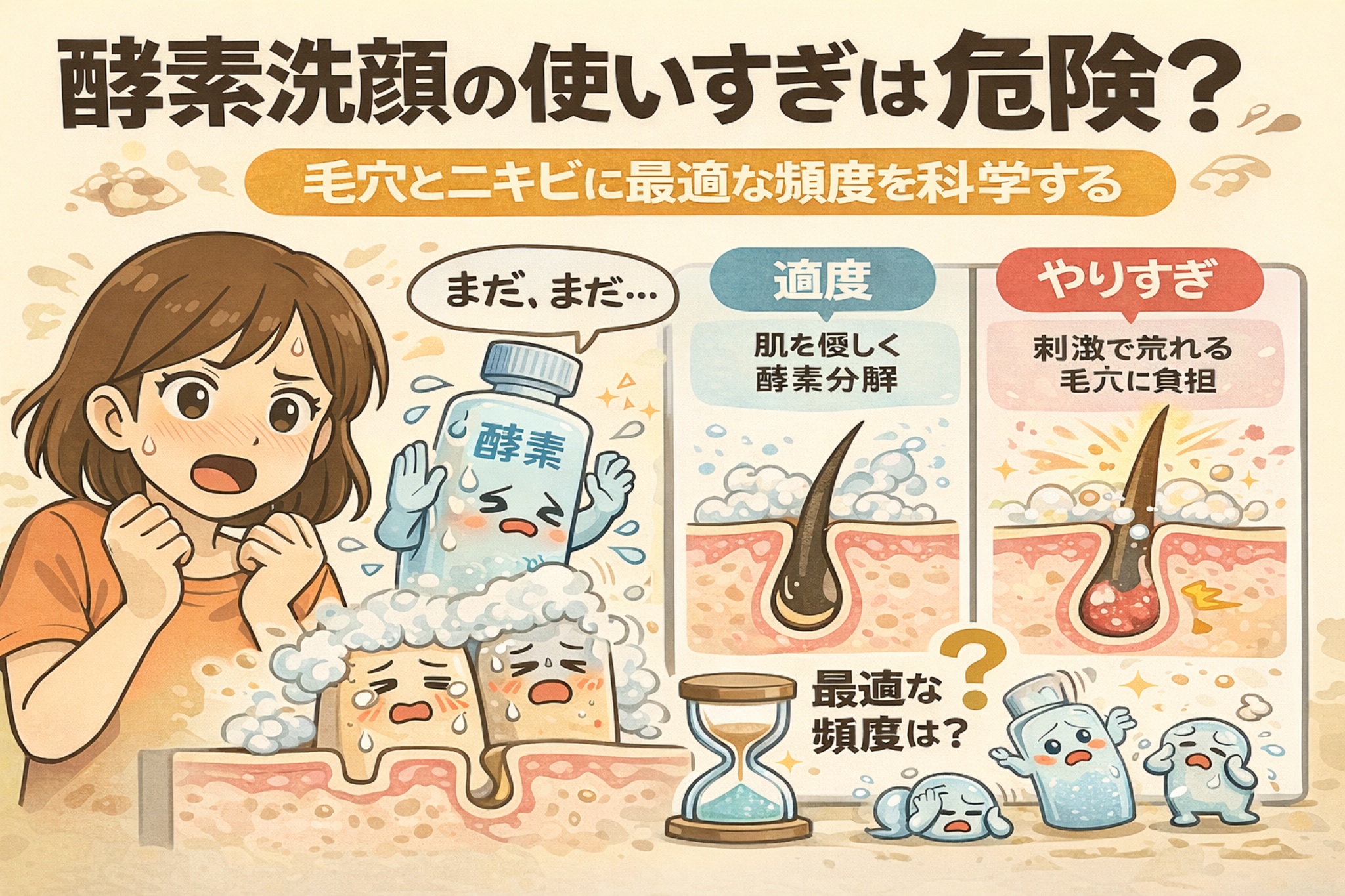 酵素洗顔の使いすぎによる肌への影響を、適度な使用とやりすぎの比較で解説した図解イラスト。酵素による分解が毛穴やニキビに与えるメリットと、頻度が高すぎた場合の刺激や荒れのリスク、最適な使用頻度を示している。