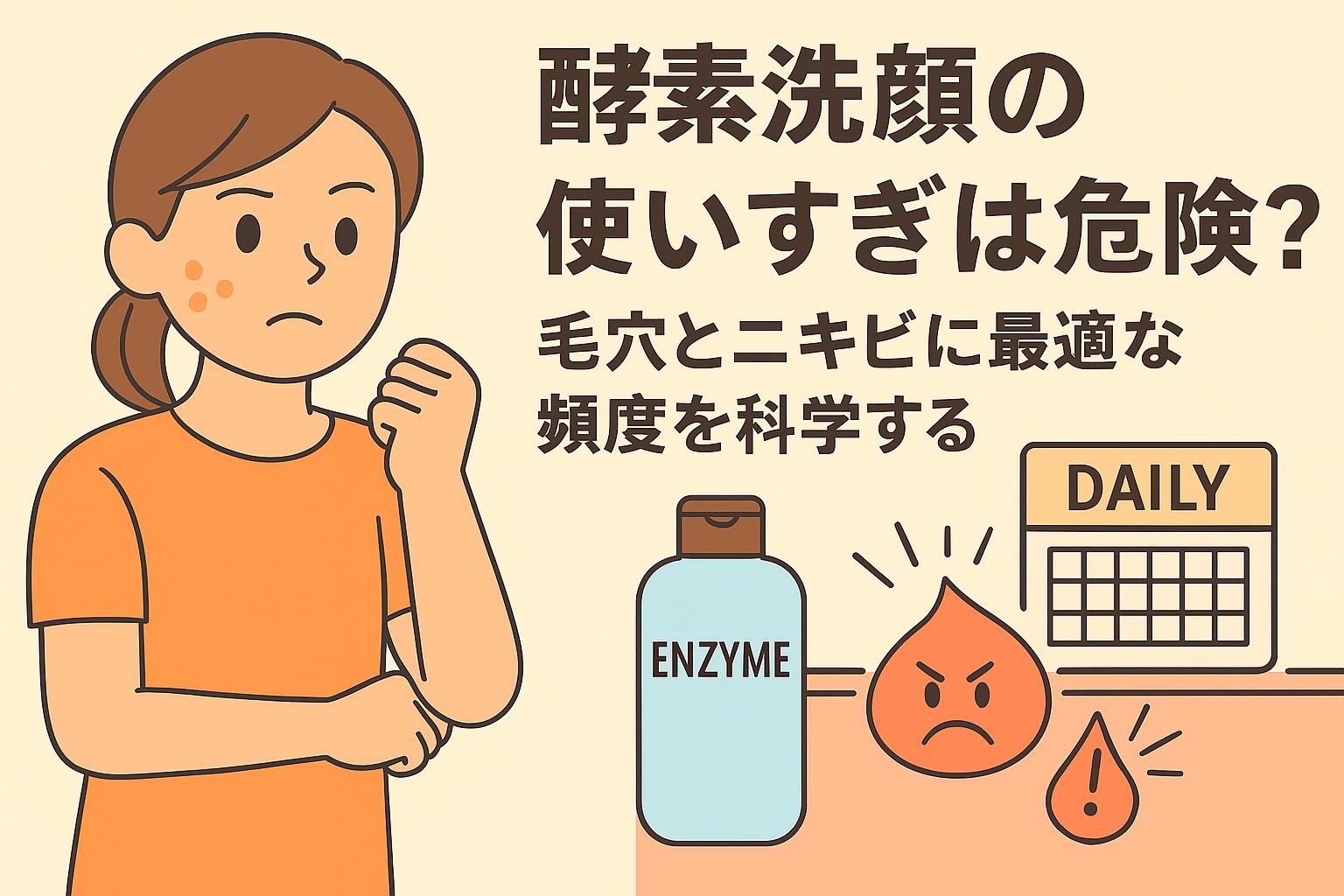 酵素洗顔の使いすぎによるリスクをテーマにした教育的イラスト。女性が悩む表情で酵素洗顔ボトルを見つめ、使用頻度を示すカレンダーと炎症を起こした毛穴キャラクターで注意喚起を表現している。