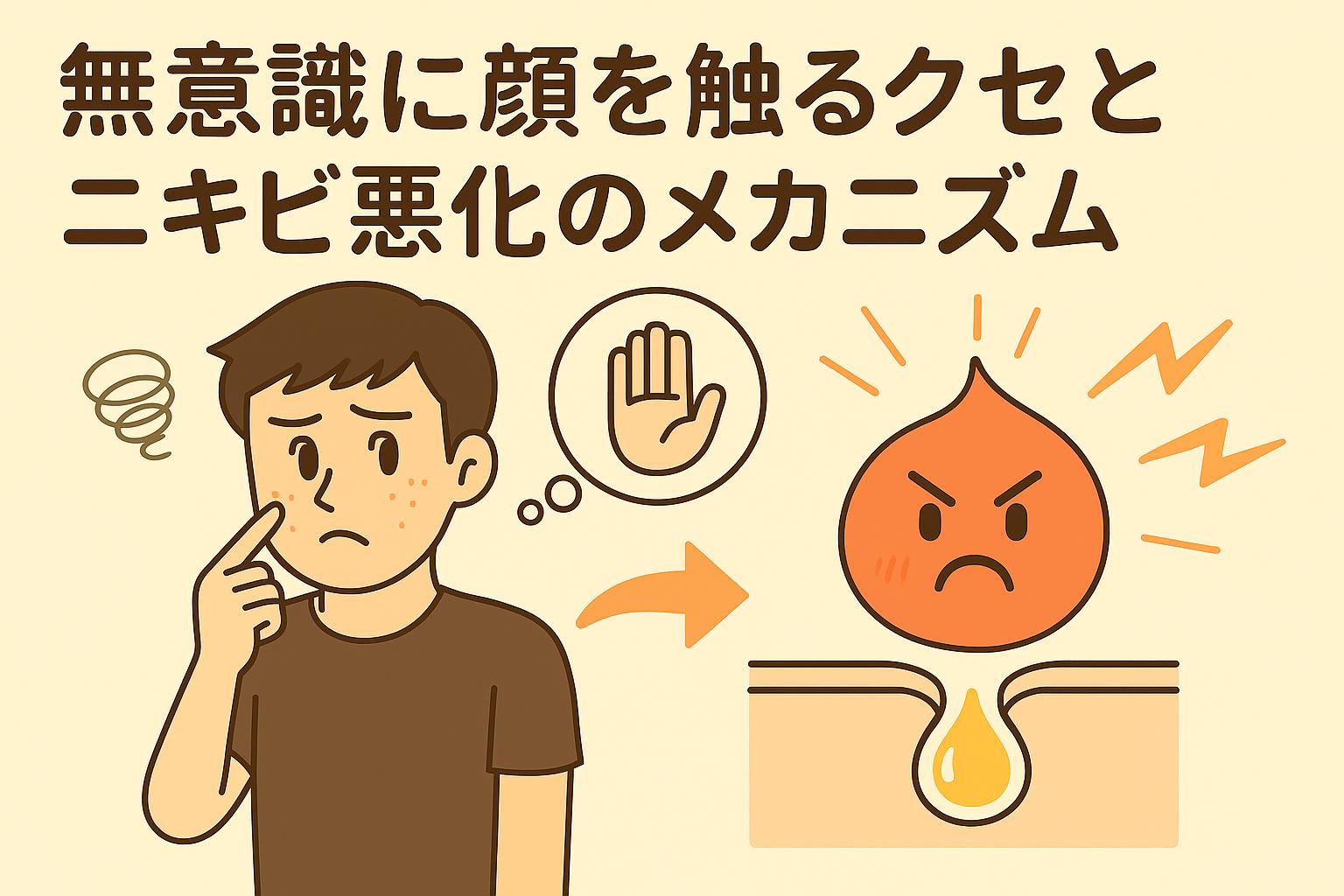無意識に顔を触る男性のイラスト。横には「手で触るのをやめよう」というアイコンと、炎症して怒った表情のニキビキャラが描かれている。「無意識に顔を触るクセとニキビ悪化のメカニズム」という日本語タイトル入りの記事用アイキャッチ。