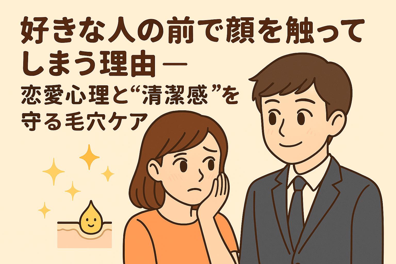 好きな人の前で緊張して頬を触る女性と、優しく見つめる男性が描かれたイラスト。背景に「好きな人の前で顔を触ってしまう理由──恋愛心理と“清潔感”を守る毛穴ケア」という日本語タイトル。清潔感を示す光のエフェクトが添えられた記事用アイキャッチ。