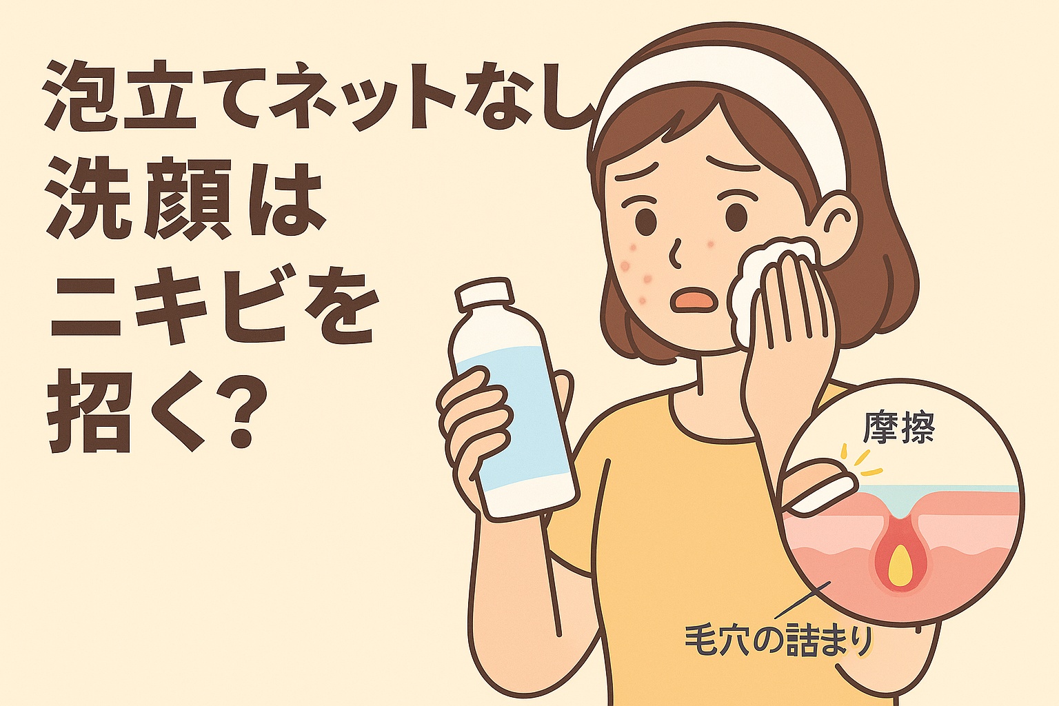 泡立てネットを使わない洗顔のリスクをテーマにしたイラスト。ニキビのある女性が泡立てずに洗顔している様子で、不安そうな表情をしている。右下の毛穴断面図には「摩擦」と「毛穴の詰まり」と書かれ、摩擦によって炎症や詰まりが起こる様子が描かれている。テキストには「泡立てネットなし洗顔はニキビを招く?」と書かれている。