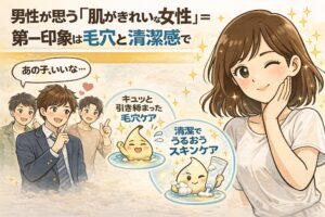 男性が「肌がきれいな女性」と感じる第一印象の要因を解説したイラスト。右側には清潔感のある女性が描かれ、左側では男性たちが好印象を抱く様子が表現されている。中央には、引き締まった毛穴ケアや清潔でうるおいのあるスキンケアが、第一印象を左右するポイントとして示されている。