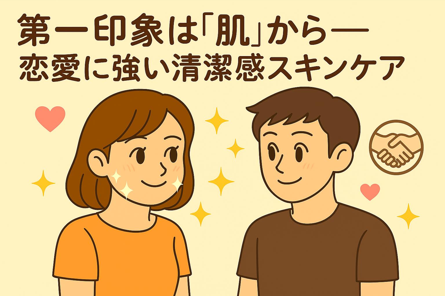 第一印象は『肌』から──恋愛に強い清潔感スキンケア」をテーマにしたイラスト。初対面で挨拶する男女が描かれ、女性は清潔感のある笑顔、男性も爽やかな表情で微笑んでいる。背景にはハートや握手のアイコン、清潔感を示す光のエフェクトが配置され、恋愛における第一印象の大切さを表現した記事用アイキャッチ。