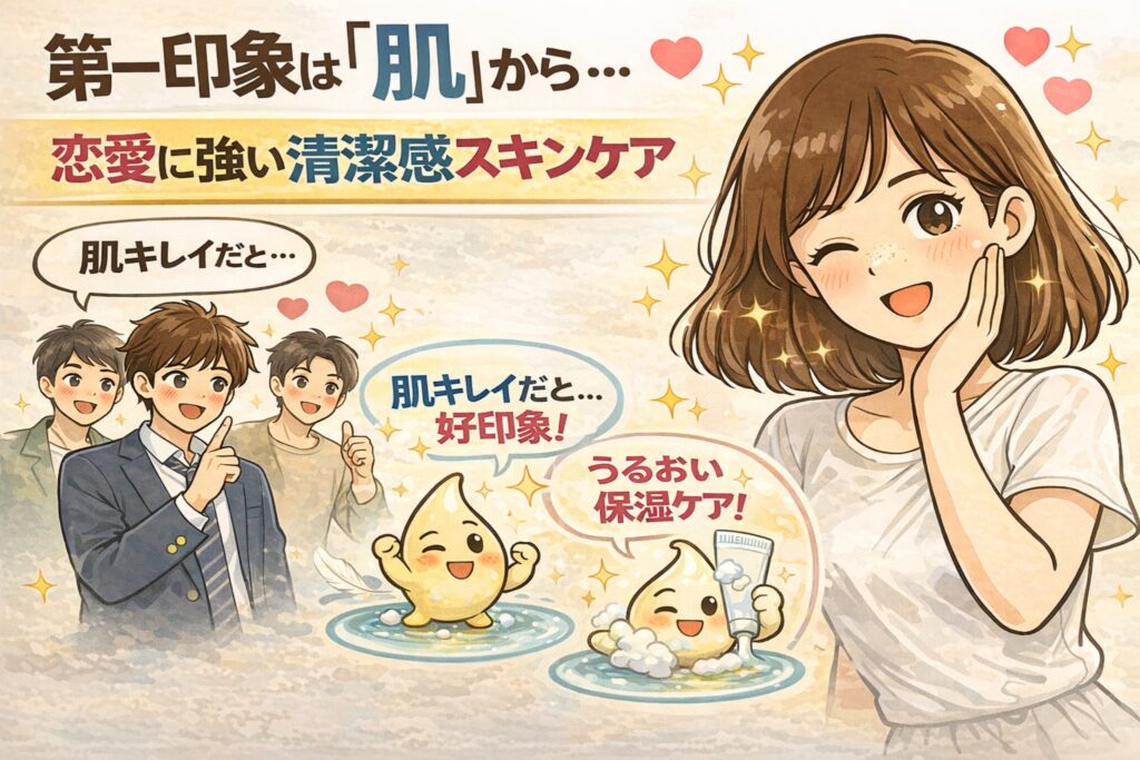 第一印象は肌からというテーマで、透明感のある肌の女性と、肌がきれいだと好印象を持つ男性たち、うるおいと保湿を表現したイラスト。清潔感のあるスキンケアが恋愛印象を高めることを描いている。