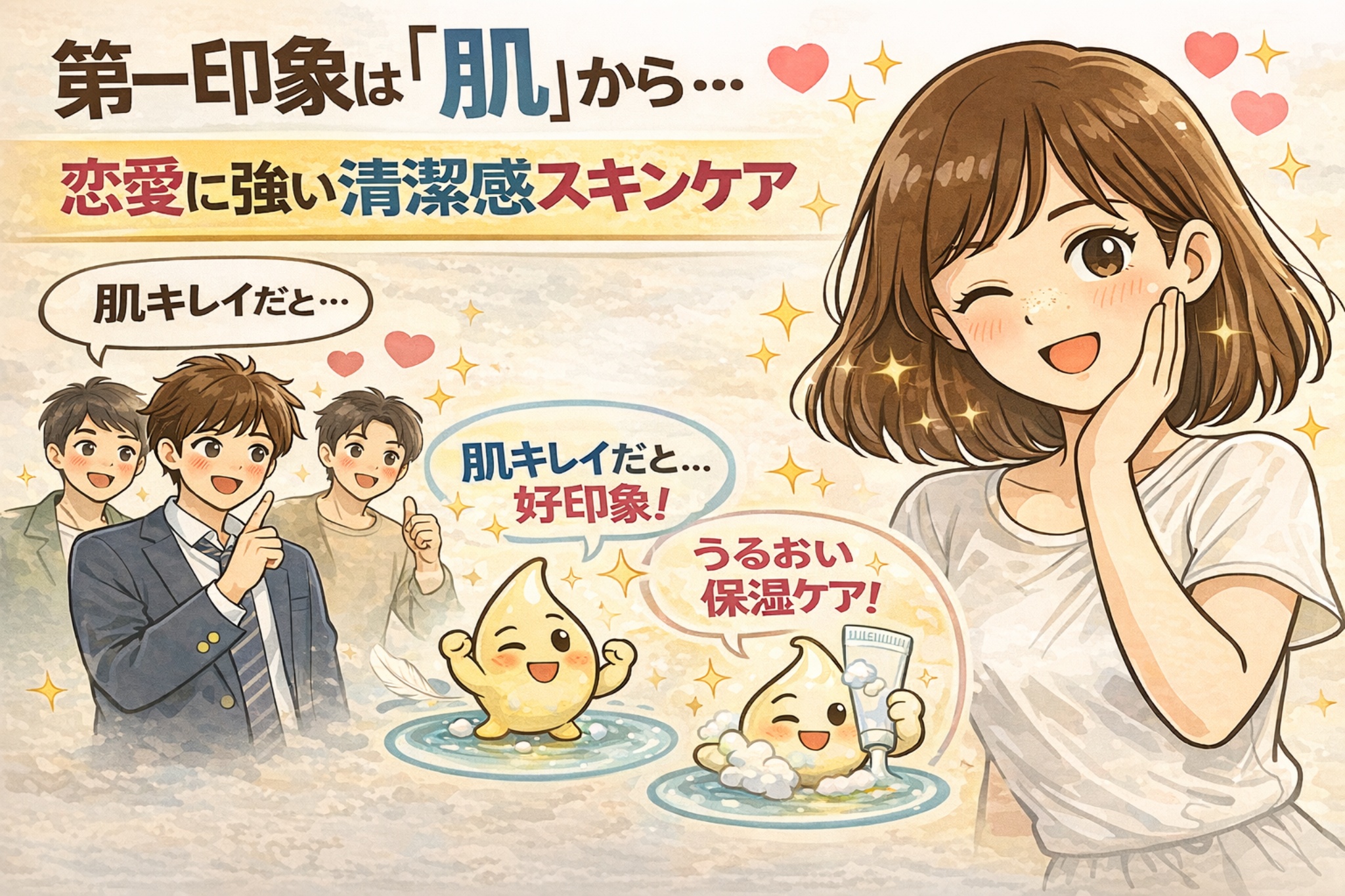 第一印象は肌からというテーマで、透明感のある肌の女性と、肌がきれいだと好印象を持つ男性たち、うるおいと保湿を表現したイラスト。清潔感のあるスキンケアが恋愛印象を高めることを描いている。