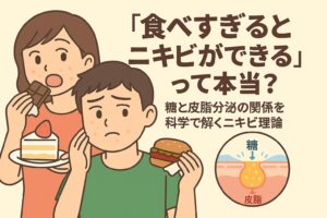 食べすぎとニキビの関係をテーマにしたイラスト。チョコレートとショートケーキを食べる女性と、ハンバーガーを持ちながら頬のニキビを気にする男性が描かれている。右下の毛穴断面図には「糖」と「皮脂」と書かれ、糖の摂取によって皮脂分泌が増え、毛穴詰まりを引き起こす仕組みが示されている。テキストには「『食べすぎるとニキビができる』って本当？ 糖と皮脂分泌の関係を科学で解くニキビ理論」と記載されている。