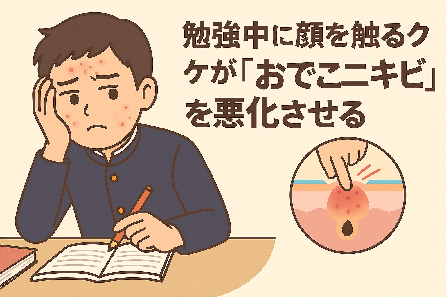 勉強中に顔を触るクセがニキビを悪化させることをテーマにしたイラスト。学生服を着た男子が机で勉強しながら頬杖をつき、額のニキビを気にしている。右側の図では指が肌に触れて炎症を起こしている毛穴断面図が描かれ、「勉強中に顔を触るクセが『おでこニキビ』を悪化させる」というテキストが表示されている。