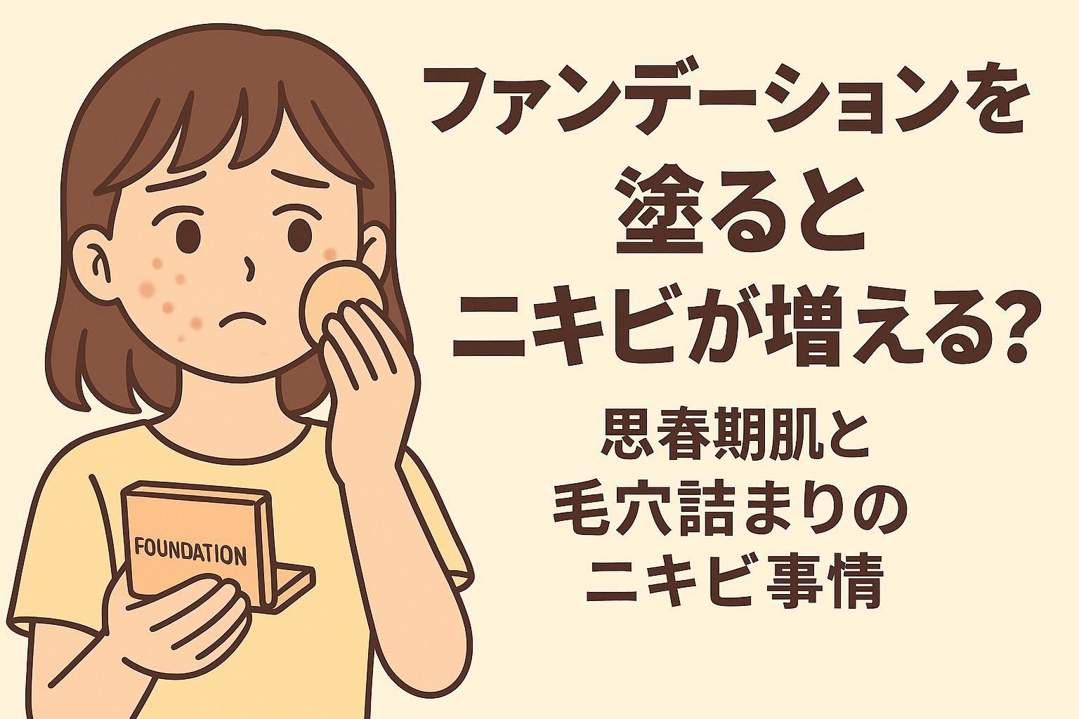 ファンデーション使用によるニキビ悪化をテーマにしたイラスト。思春期の少女が頬にニキビを抱え、不安そうにファンデーションを塗っている。左手には「FOUNDATION」と書かれたケースを持ち、右手でパフを頬に当てている。テキストには「ファンデーションを塗るとニキビが増える? 思春期肌と毛穴詰まりのニキビ事情」と記載されている。