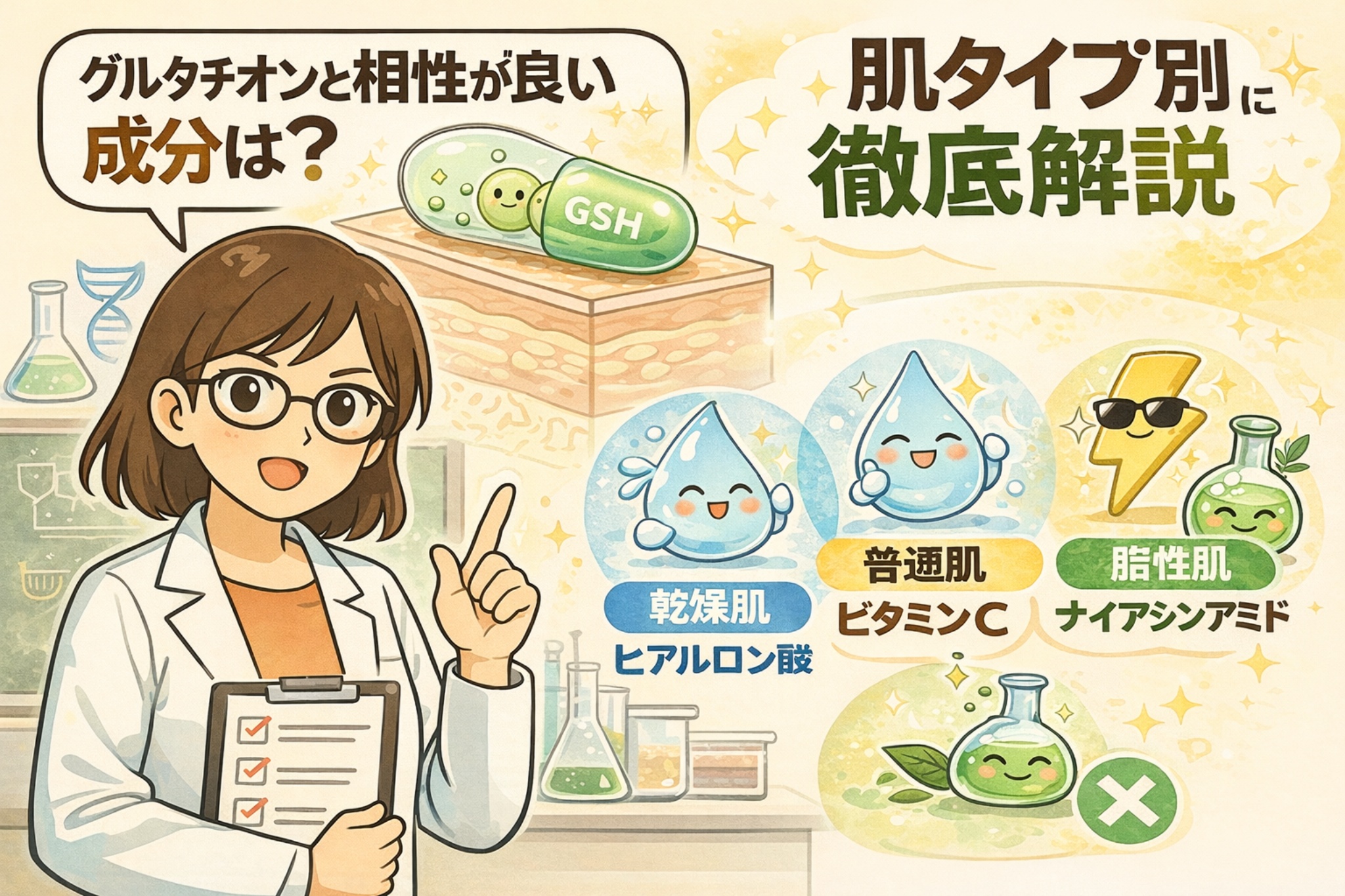 グルタチオンと相性の良い成分を肌タイプ別に解説したイラスト。白衣の女性が解説役となり、乾燥肌にはヒアルロン酸、普通肌にはビタミンC、脂性肌にはナイアシンアミドが適していることを、擬人化キャラクターとアイコンで分かりやすく示している。