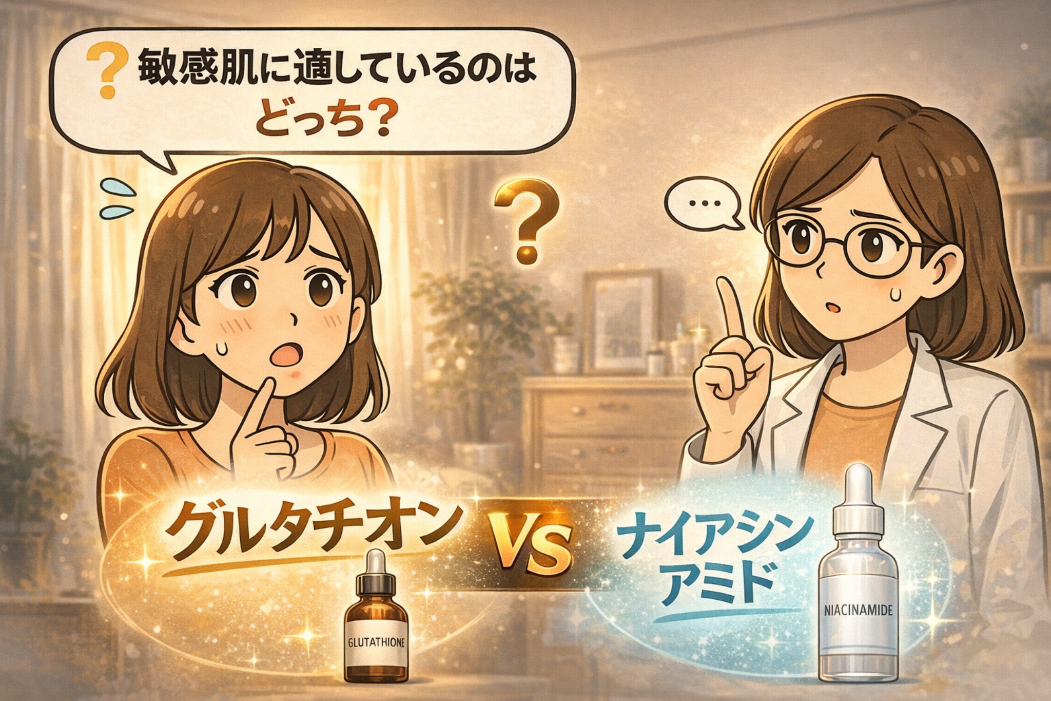 敏感肌に適しているのはグルタチオンとナイアシンアミドのどちらかを比較するイラスト。成分選びに迷う女性と、白衣で眼鏡の女性が指を立てて考える構図で、左にグルタチオン、右にナイアシンアミドの美容液ボトルが配置されている。刺激性や作用の違いを踏まえた選択が必要であることを示唆するアイキャッチ。