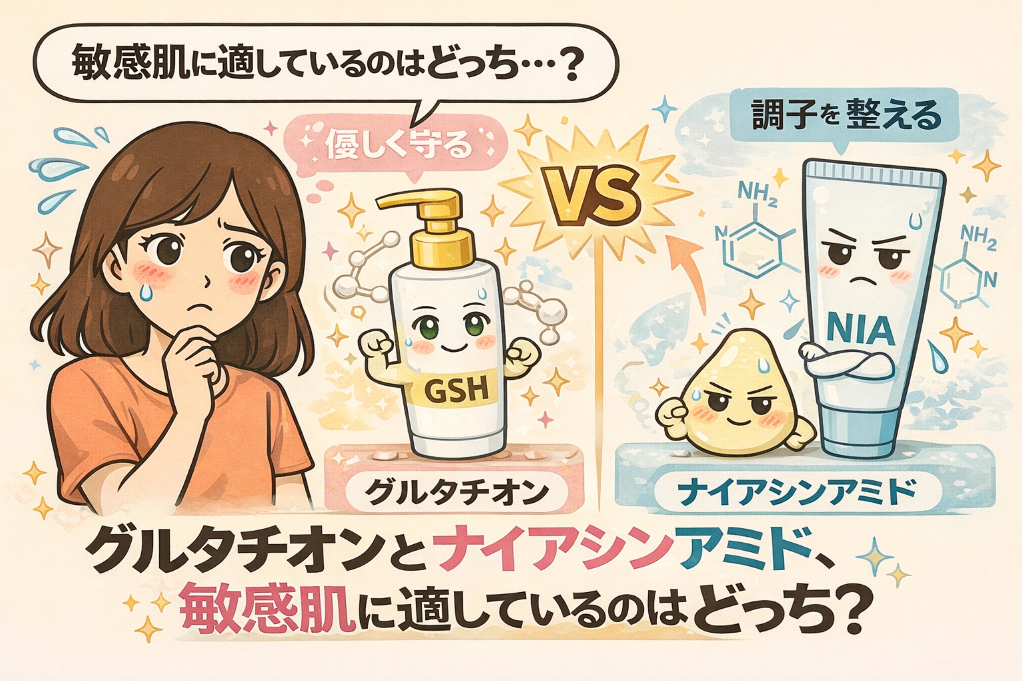 敏感肌にはグルタチオンとナイアシンアミドのどちらが適しているかを比較するイラスト。やさしく守るグルタチオンと、肌の調子を整えるナイアシンアミドを擬人化し、悩む女性の表情とともに、それぞれの特徴と使い分けの考え方をわかりやすく表現している。