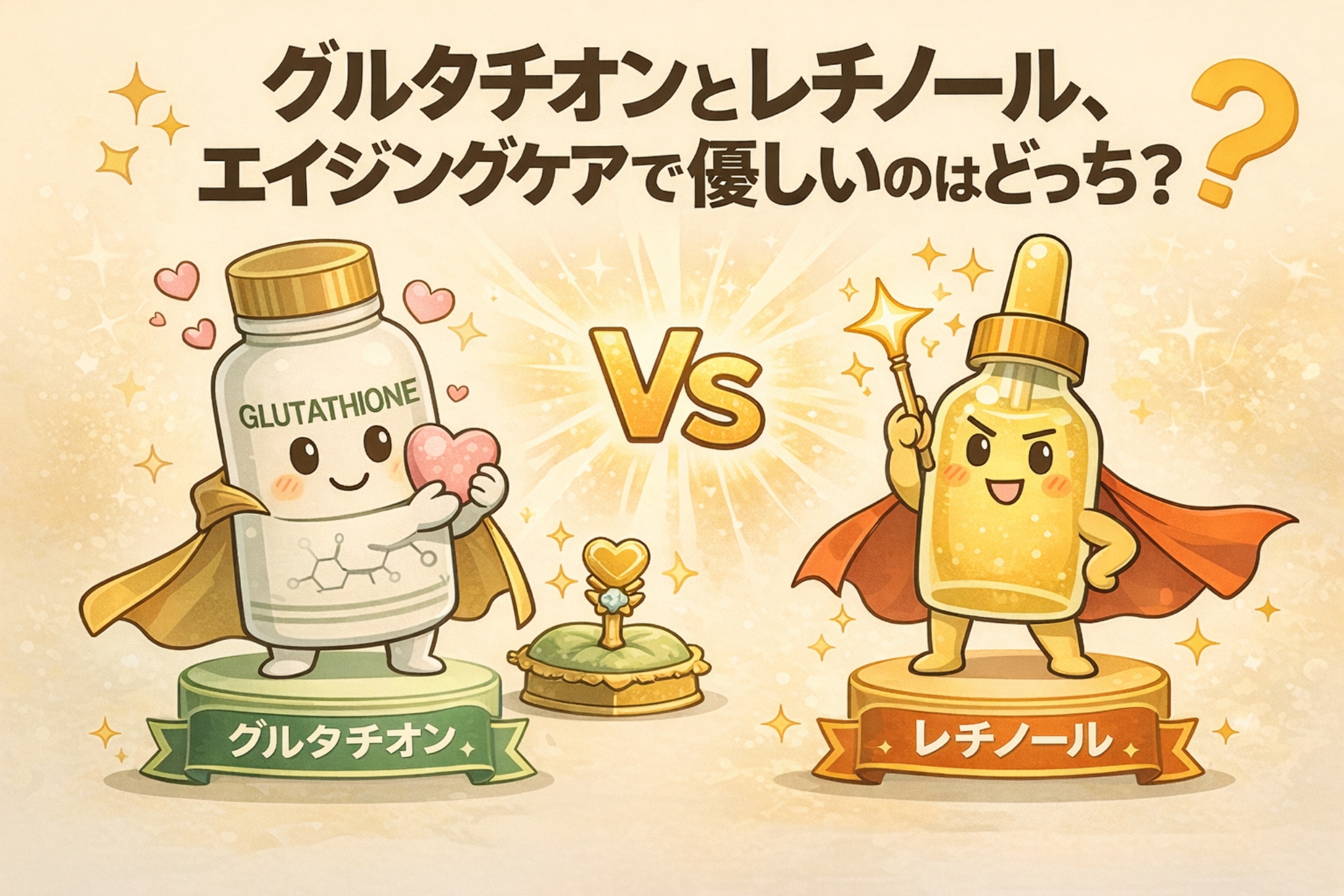 グルタチオンとレチノールをエイジングケア視点で比較する図解イラスト。「グルタチオンとレチノール、エイジングケアで優しいのはどっち？」という見出しのもと、左にハートを持つ穏やかなグルタチオン、右にマントを着た攻めのレチノールが擬人化で描かれている。中央に“VS”が配置され、低刺激で守りの抗酸化ケアと、作用が強く変化を促すレチノールの性質の違いを直感的に伝える教育用ビジュアル。