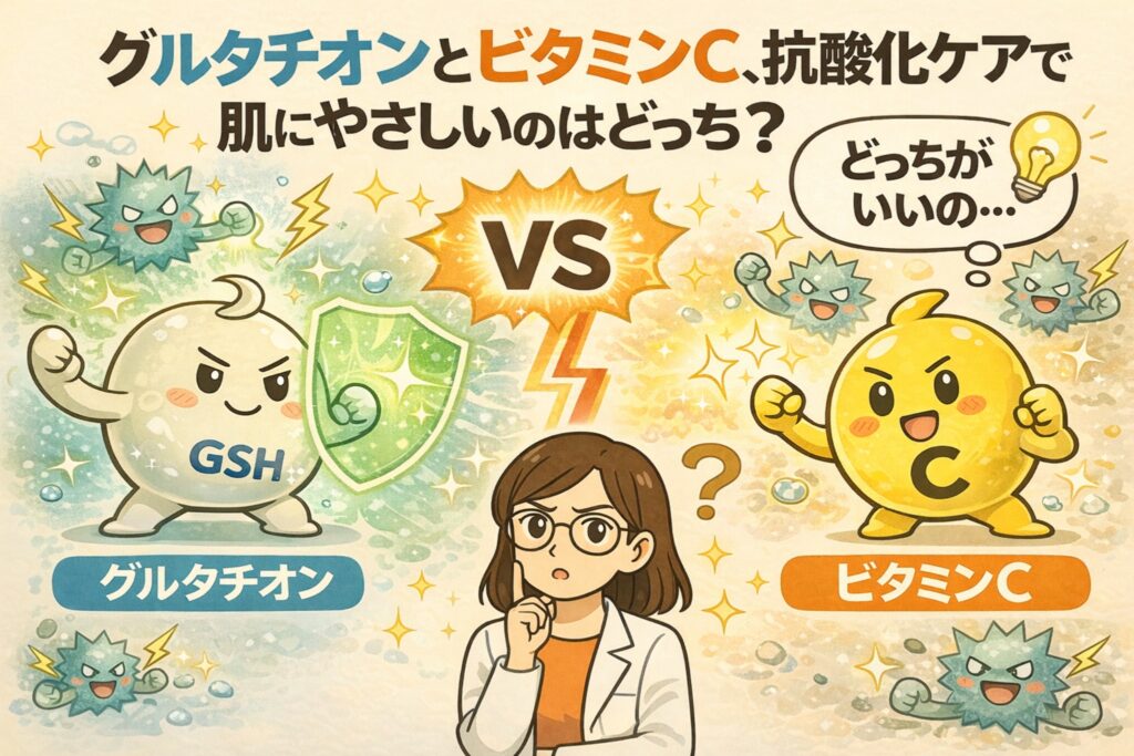 グルタチオン（GSH）とビタミンCの抗酸化作用を比較し、肌へのやさしさの違いを解説するイラスト。左側は防御力を象徴するグルタチオン、右側は活性の高いビタミンCを擬人化して対比。中央では白衣姿の女性がどちらを選ぶべきか考えており、抗酸化ケアにおける刺激感や役割の違いを分かりやすく表現している。