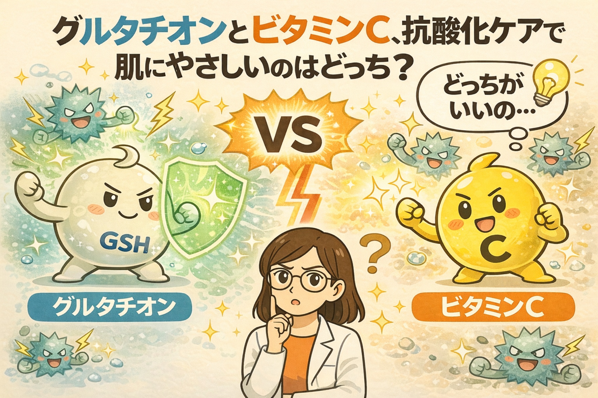グルタチオン（GSH）とビタミンCの抗酸化作用を比較し、肌へのやさしさの違いを解説するイラスト。左側は防御力を象徴するグルタチオン、右側は活性の高いビタミンCを擬人化して対比。中央では白衣姿の女性がどちらを選ぶべきか考えており、抗酸化ケアにおける刺激感や役割の違いを分かりやすく表現している。