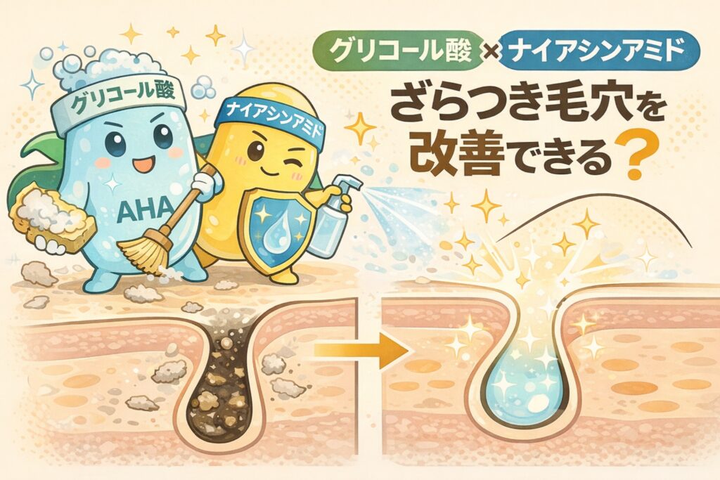 グリコール酸（AHA）とナイアシンアミドを組み合わせて、ざらついた毛穴を改善できるかを解説したイラスト。角質ケアによる詰まりの除去と、バリアサポートによる毛穴環境の安定化を、成分キャラクターと毛穴断面図で示している。