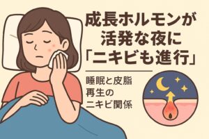 成長ホルモンとニキビの関係をテーマにしたイラスト。女性が寝ている間に頬のニキビを気にしている様子。右下の毛穴断面図では、夜の月と星が描かれ、成長ホルモン分泌が活発になる時間帯に皮脂再生や炎症が進む様子を示している。テキストには「成長ホルモンが活発な夜に『ニキビも進行』 睡眠と皮脂再生のニキビ関係」と記載されている。