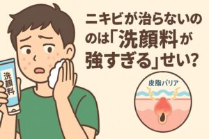 強すぎる洗顔料を使って肌荒れに悩む男性。泡を頬にあてながら困った表情を見せ、右側には「ニキビが治らないのは『洗顔料が強すぎる』せい？」の文字と皮脂バリアが壊れる毛穴断面図。過剰洗浄によるバリア破壊をわかりやすく描いた日本の漫画風フラットイラスト。
