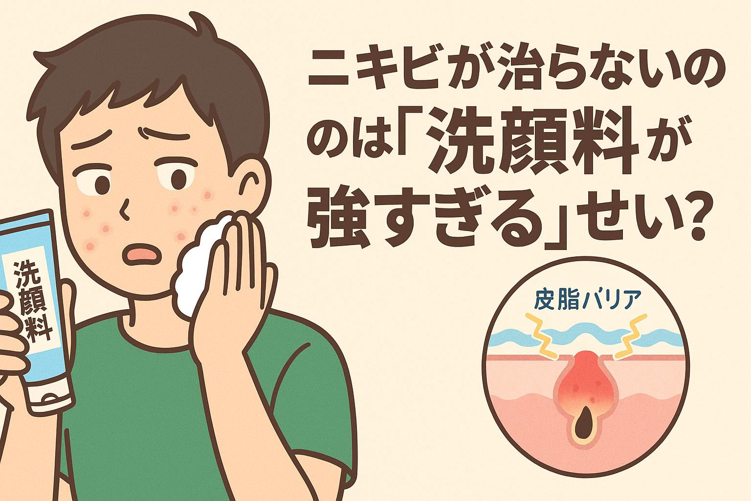強すぎる洗顔料を使って肌荒れに悩む男性。泡を頬にあてながら困った表情を見せ、右側には「ニキビが治らないのは『洗顔料が強すぎる』せい？」の文字と皮脂バリアが壊れる毛穴断面図。過剰洗浄によるバリア破壊をわかりやすく描いた日本の漫画風フラットイラスト。