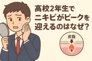 高校2年生でニキビがピークを迎える理由をテーマにしたイラスト。制服姿の男子高校生が鏡を見ながら頬のニキビを気にしている。右下の毛穴断面図では「皮脂」と書かれ、皮脂分泌の増加によって毛穴が詰まり炎症を起こす様子が描かれている。テキストには「高校2年生でニキビがピークを迎えるのはなぜ？ 皮脂分泌と毛穴構造の関係」と記載されている。