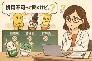 「併用不可」と言われがちな成分の誤解を整理するイラスト。ビタミンC、ハイドロキノン（HQ）、レチノールのキャラクターが並び、肌質別（脂性肌・普通肌・乾燥肌）の表で注意点が示されている。グルタチオン（GSH）のキャラクターが戸惑う様子とともに、白衣の女性がデスクで考え込み「併用不可って聞くけど？」と疑問を投げかけている構図。