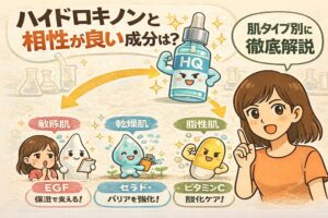 ハイドロキノンと相性の良い成分を肌タイプ別に解説したイラスト。敏感肌・乾燥肌・脂性肌に分けて、EGFによる保湿サポート、セラミドによるバリア強化、ビタミンCによる抗酸化ケアの考え方を図解している。