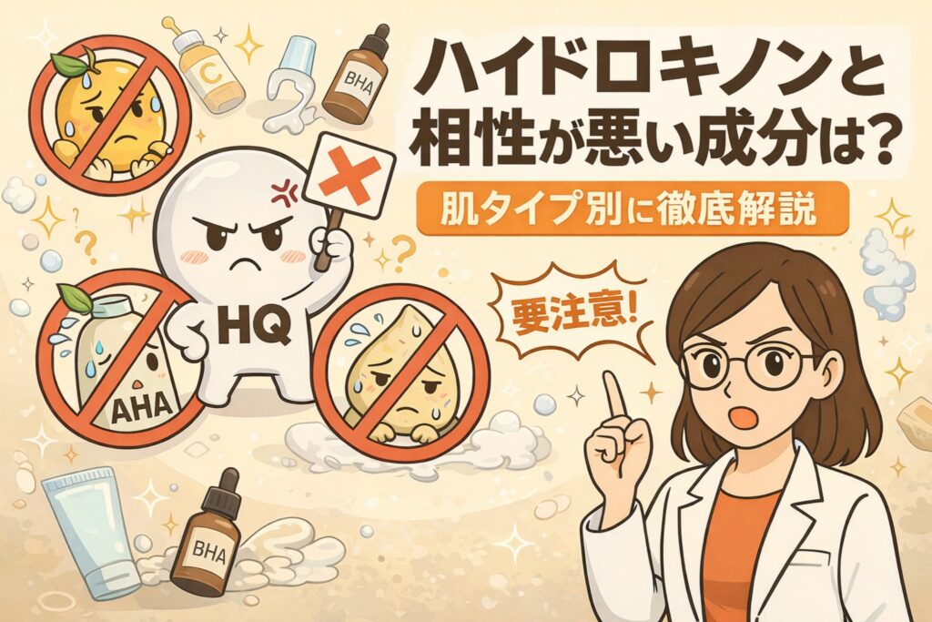 ハイドロキノンと相性が悪い成分を解説したイラスト。白衣の女性が注意喚起を行い、AHA・BHA・ビタミンCなど刺激や反応が重なりやすい成分との併用に注意が必要な点を、禁止マークと擬人化キャラクターで分かりやすく示している。