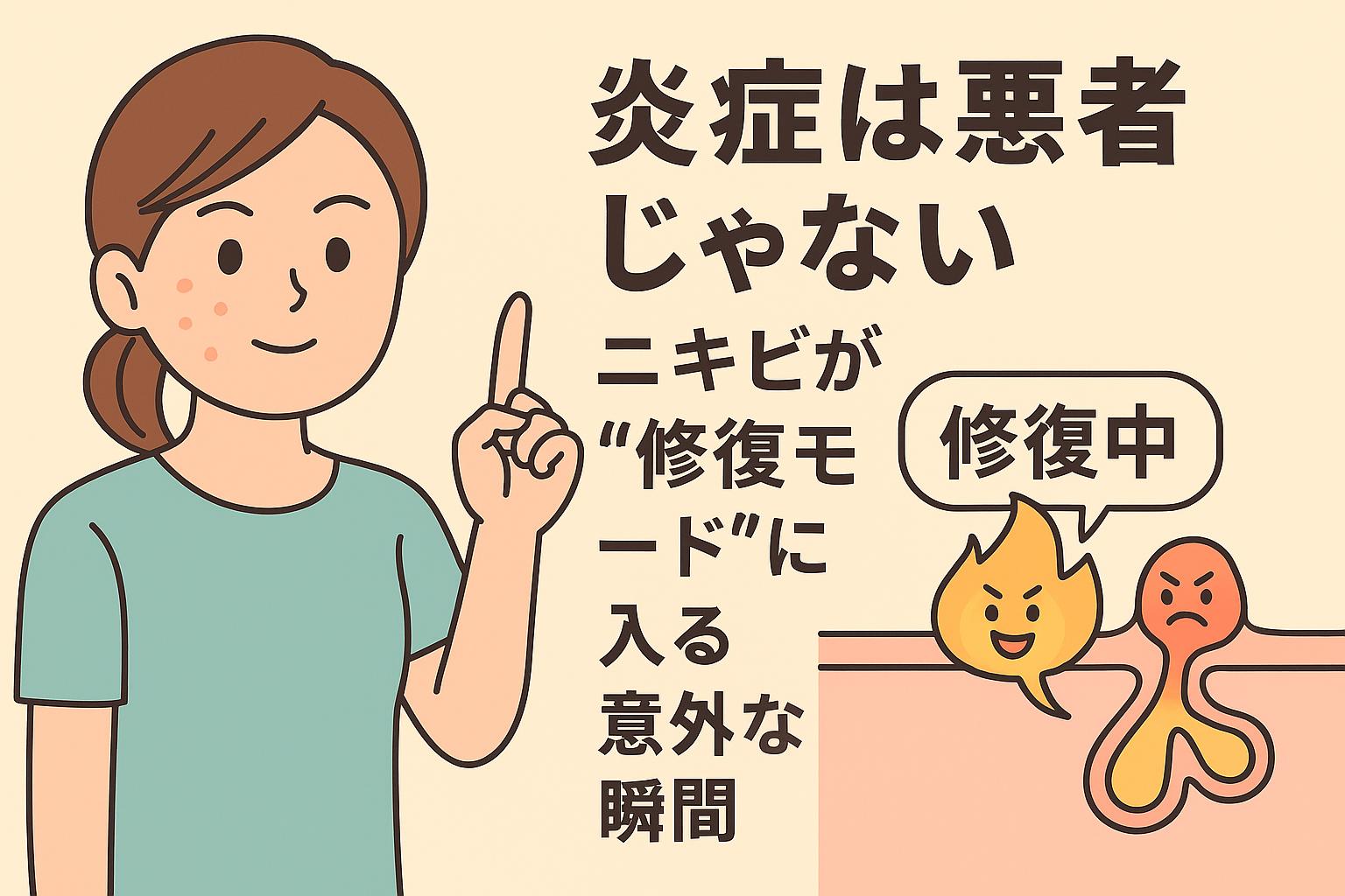炎症を味方として描いた教育的イラスト。女性が指を立てて説明するように微笑み、炎症を擬人化したキャラが「修復中」と話す、前向きな印象の構成。