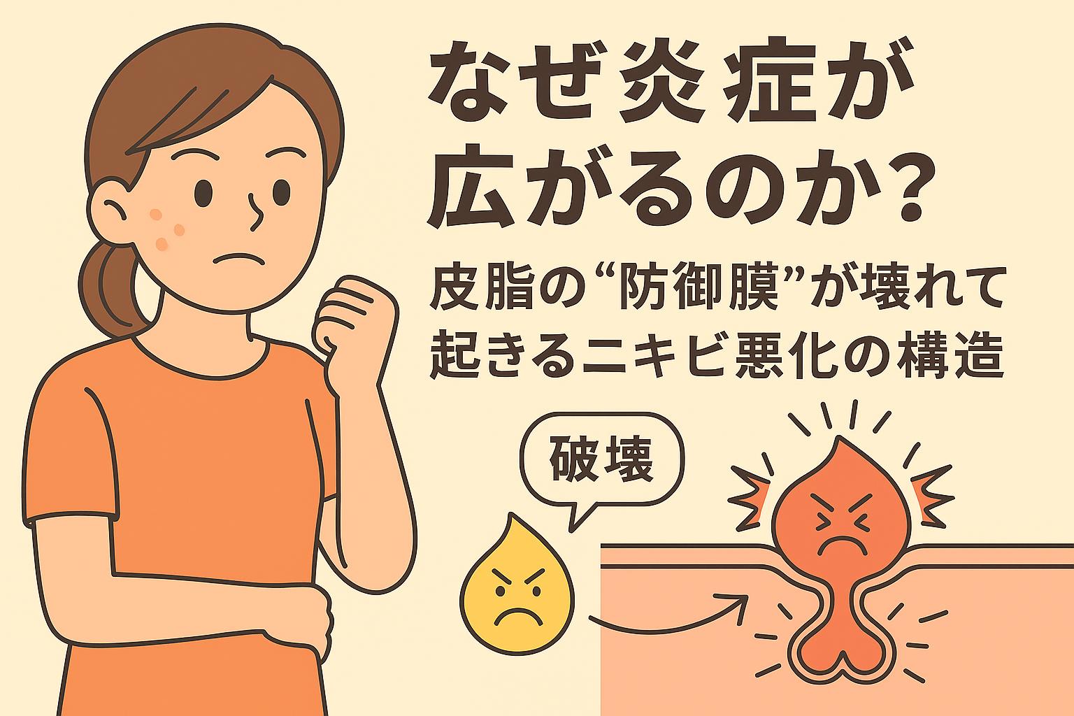 炎症が広がる原因を説明する教育的イラスト。女性が決意の表情で頬を見つめ、皮脂の防御膜が壊れて炎症が拡大する様子を赤い矢印と表情付きキャラクターで示している。