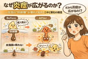 炎症が広がる理由を、皮脂の「防御膜」が壊れる前後（Before／After）で比較解説した日本風2Dフラットイラスト。防御膜が正常な状態では外部刺激を防ぐが、崩れると菌や刺激が侵入して炎症が拡大しニキビが悪化する構造を、毛穴断面図と擬人化キャラクターで分かりやすく示している。