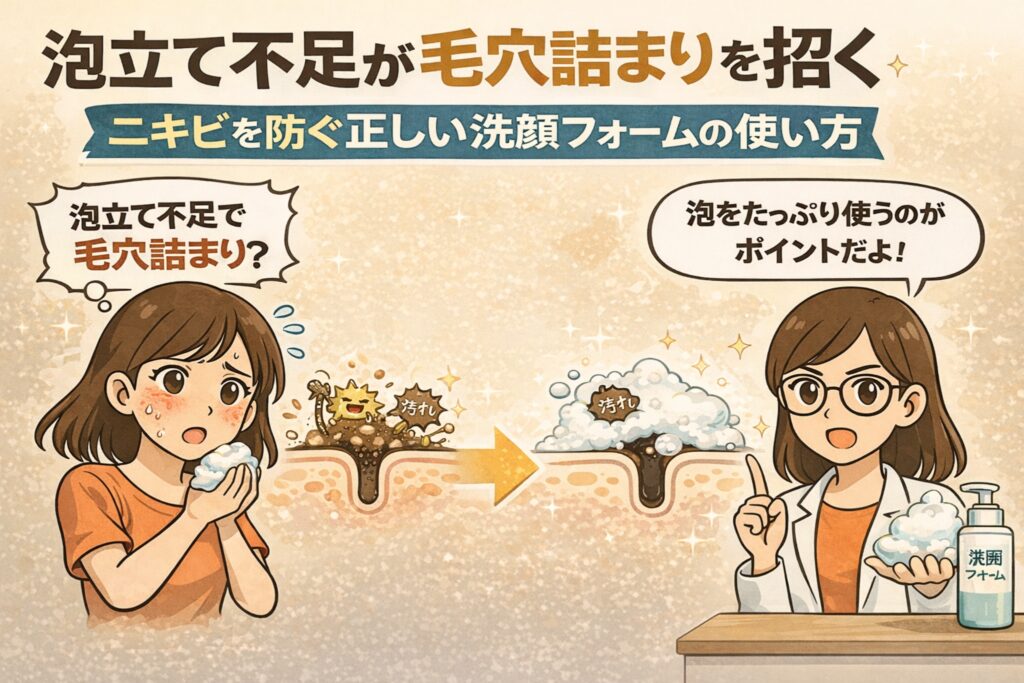 泡立て不足が毛穴詰まりを招く理由と、ニキビを防ぐ正しい洗顔フォームの使い方を解説した図解イラスト。泡が少ない状態では汚れが毛穴に残りやすく、十分な泡で洗うことで汚れを包み込んで除去できる様子を、毛穴断面と矢印で比較して表現している。悩む女性と白衣の専門家が対話し、「泡をたっぷり使うこと」がポイントであると示す構図。