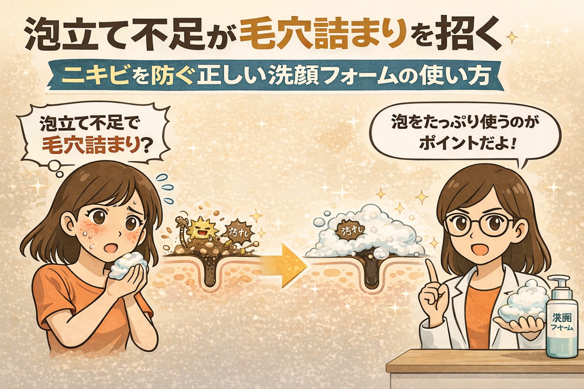 泡立て不足が毛穴詰まりを招く理由と、ニキビを防ぐ正しい洗顔フォームの使い方を解説した図解イラスト。泡が少ない状態では汚れが毛穴に残りやすく、十分な泡で洗うことで汚れを包み込んで除去できる様子を、毛穴断面と矢印で比較して表現している。悩む女性と白衣の専門家が対話し、「泡をたっぷり使うこと」がポイントであると示す構図。