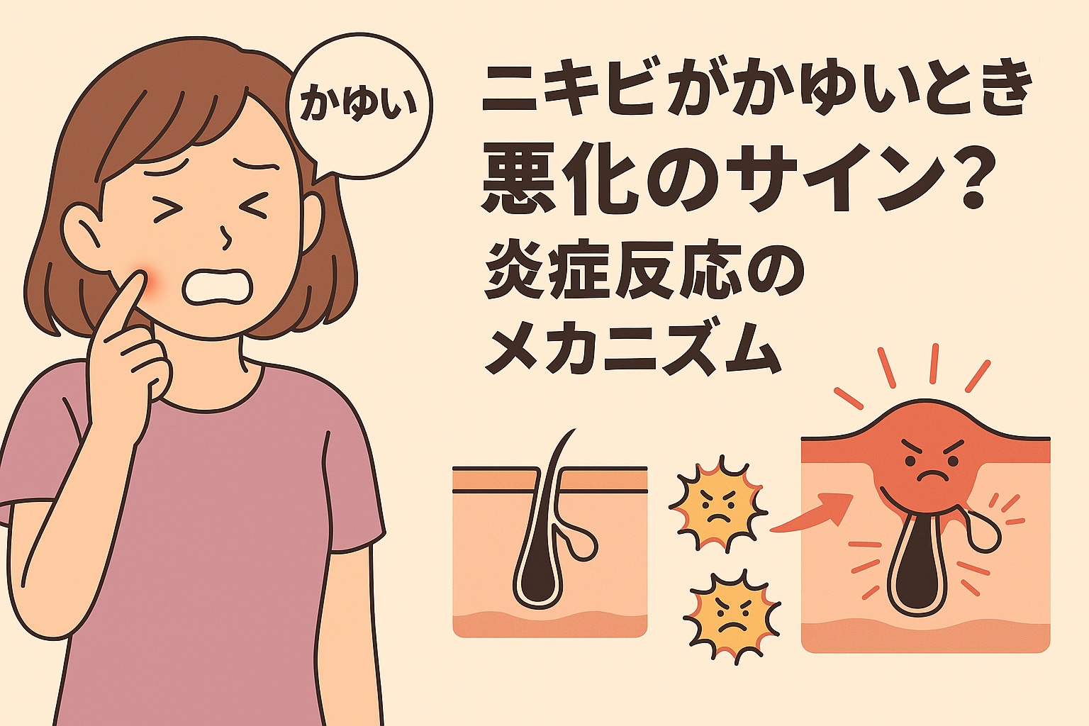 頬に赤ニキビができてかゆがる女性のイラスト。右側には「ニキビがかゆいときは悪化のサイン？炎症反応のメカニズム」と書かれ、毛穴断面図で炎症が進行しヒスタミンが放出される様子を示している。