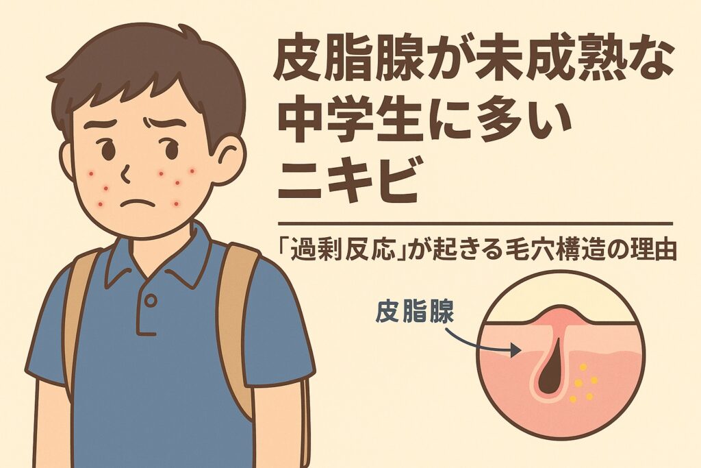 皮脂腺が未成熟な中学生に多いニキビをテーマにしたイラスト。リュックを背負った男子中学生が頬や額のニキビに悩む表情をしている。右下の毛穴断面図では「皮脂腺」と書かれ、皮脂の過剰反応によって毛穴が詰まり、炎症を起こす構造が描かれている。テキストには「皮脂腺が未成熟な中学生に多いニキビ 『過剰反応』が起きる毛穴構造の理由」と記載されている。