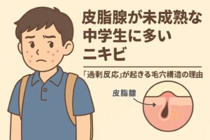 皮脂腺が未成熟な中学生に多いニキビをテーマにしたイラスト。リュックを背負った男子中学生が頬や額のニキビに悩む表情をしている。右下の毛穴断面図では「皮脂腺」と書かれ、皮脂の過剰反応によって毛穴が詰まり、炎症を起こす構造が描かれている。テキストには「皮脂腺が未成熟な中学生に多いニキビ 『過剰反応』が起きる毛穴構造の理由」と記載されている。