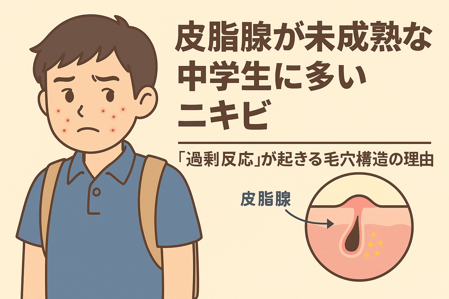 皮脂腺が未成熟な中学生に多いニキビをテーマにしたイラスト。リュックを背負った男子中学生が頬や額のニキビに悩む表情をしている。右下の毛穴断面図では「皮脂腺」と書かれ、皮脂の過剰反応によって毛穴が詰まり、炎症を起こす構造が描かれている。テキストには「皮脂腺が未成熟な中学生に多いニキビ 『過剰反応』が起きる毛穴構造の理由」と記載されている。