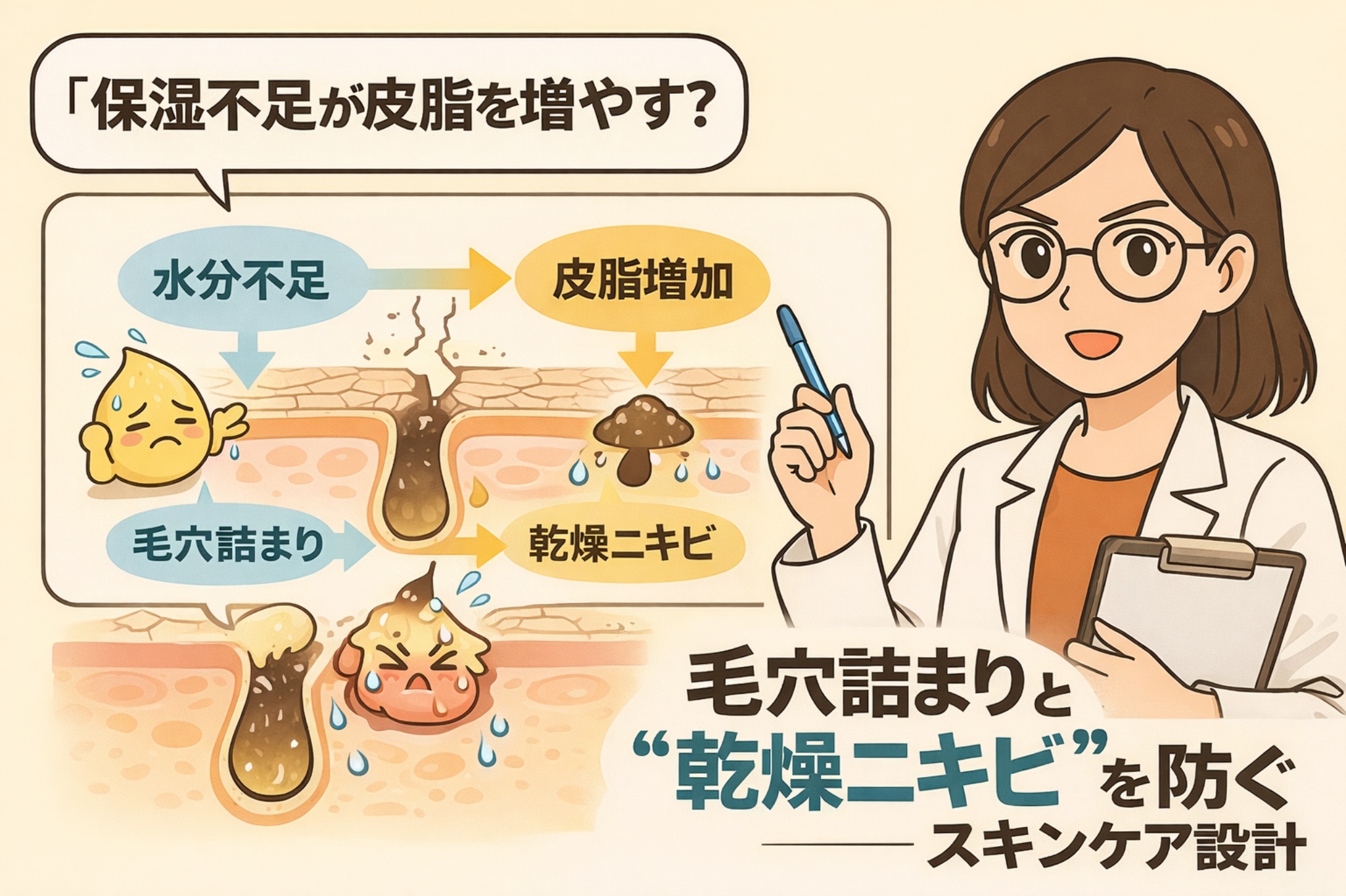 保湿不足が皮脂分泌を増やし、毛穴詰まりや乾燥ニキビにつながる仕組みを解説する図解イラスト。水分不足から皮脂増加、毛穴詰まり、乾燥ニキビへ進行する流れを毛穴断面で示し、白衣と眼鏡の女性がペンとクリップボードで解説している。