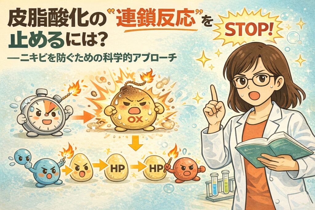 皮脂酸化の連鎖反応を止めてニキビを防ぐ科学的アプローチを解説するイラスト。時間経過とともに皮脂が酸化し、炎症へ連鎖していく様子がキャラクターで描かれている。右側では白衣を着た女性が「STOP」と指差し、皮脂酸化の進行を抑えることでニキビ予防につながる仕組みをわかりやすく示している。